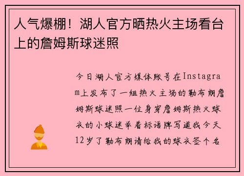 人气爆棚！湖人官方晒热火主场看台上的詹姆斯球迷照